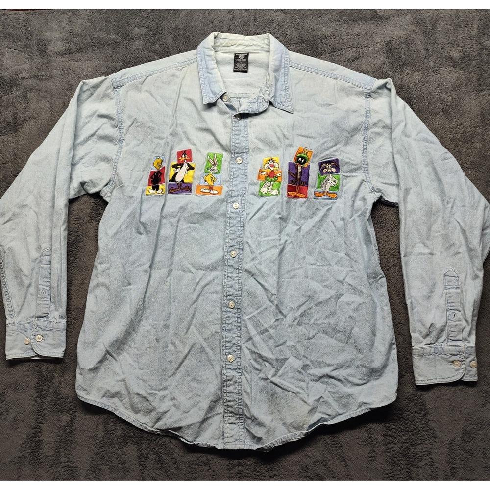 Men's XL shirt Looney Tunes 1997 Warner Bros button up patches Marvin Daffy Bugs